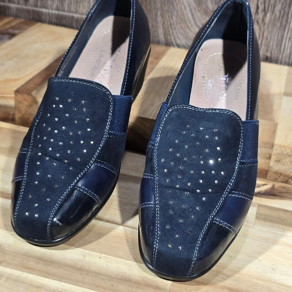 Soft Space Collection Women's Wedge Loafers Blue Suede Patent Size 35 EU Comfort